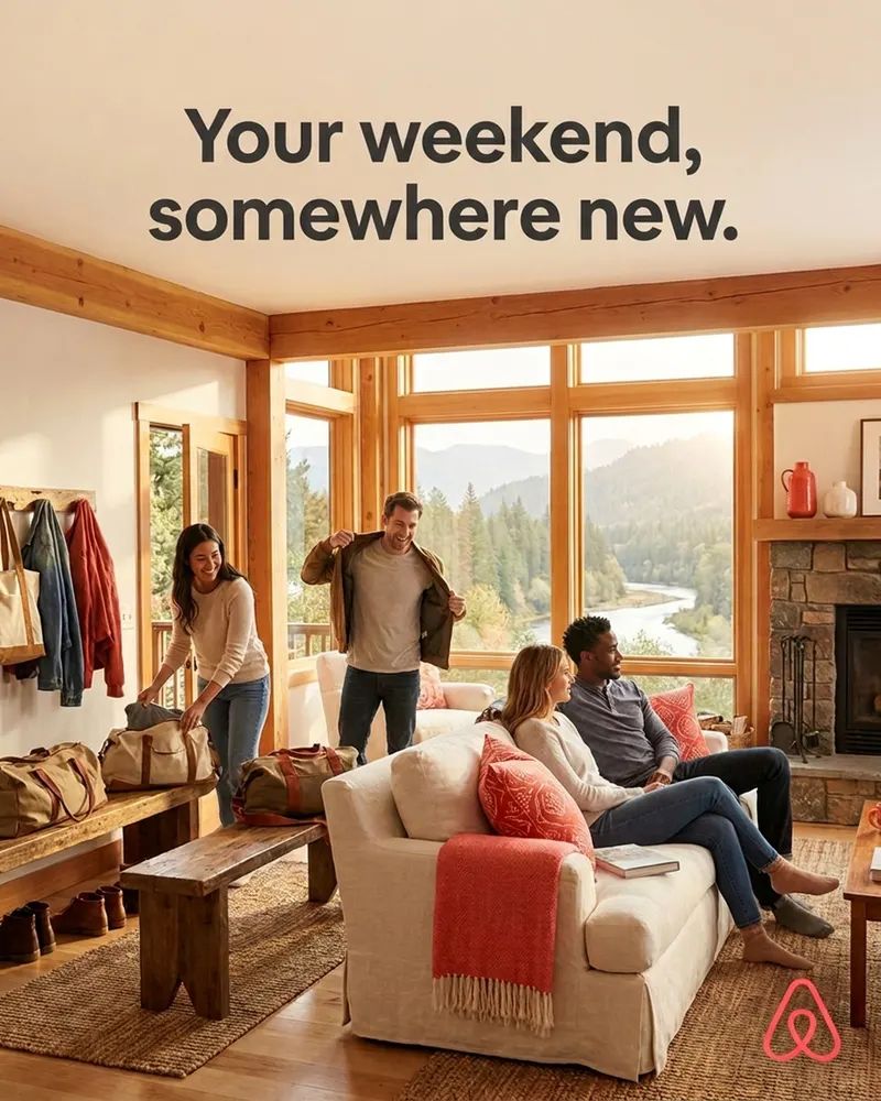 Concept Instagram post for Airbnb, made with Sphere. Headline: Your weekend, somewhere new.