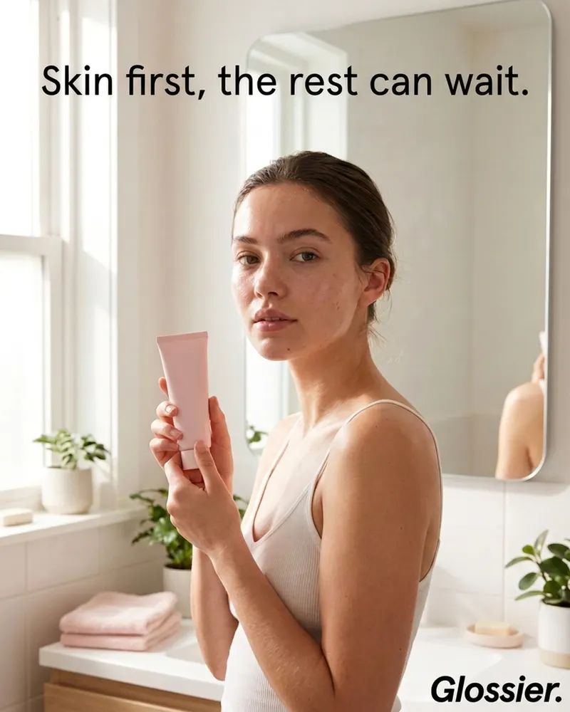 Concept Instagram post for Glossier, made with Sphere. Headline: Skin first, the rest can wait.
