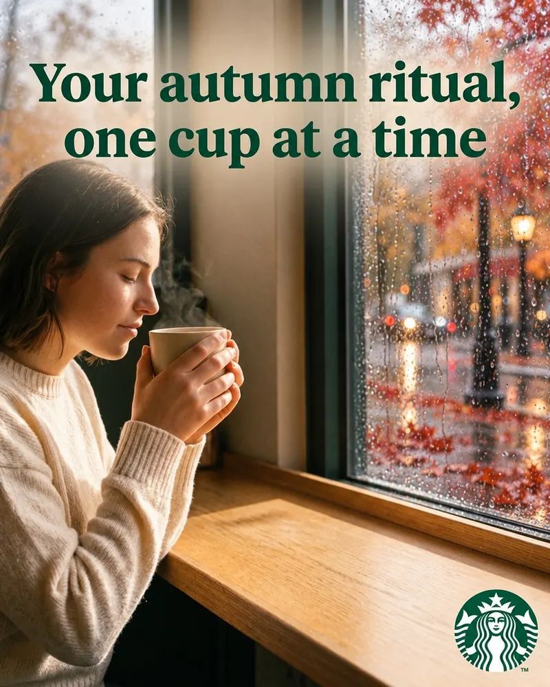 The new version: the same woman, cup and headline, with rain on the window and wet red leaves outside