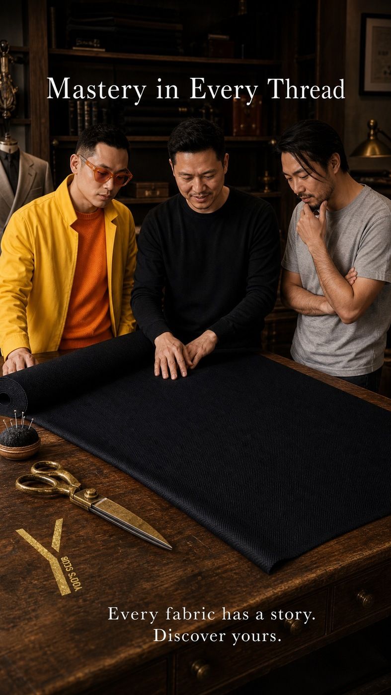 Yoos — three tailors examining cloth at the cutting table