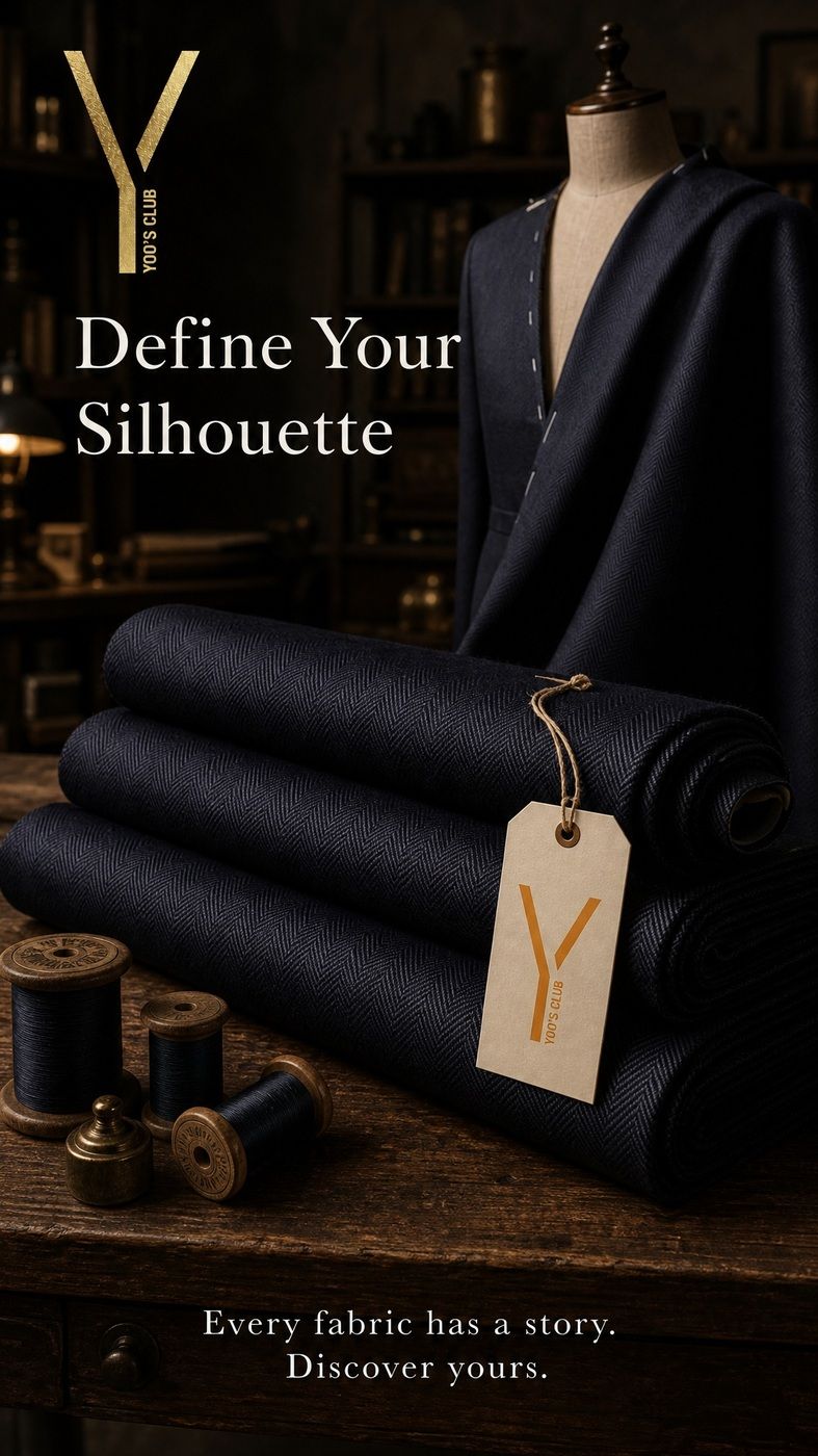 Yoos — rolls of navy suiting cloth with a branded tag
