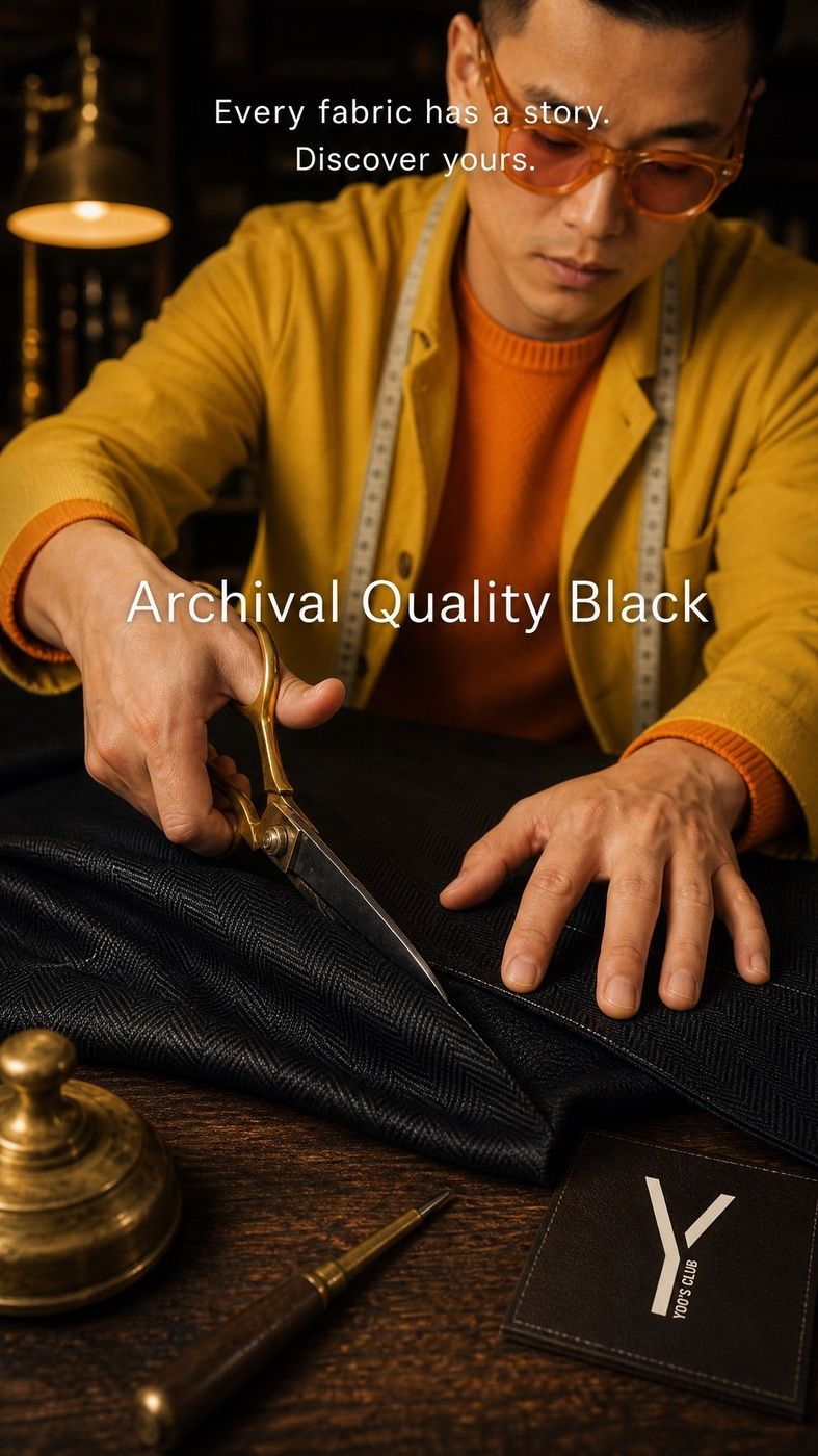 Yoos — tailor cutting black cloth with gold shears